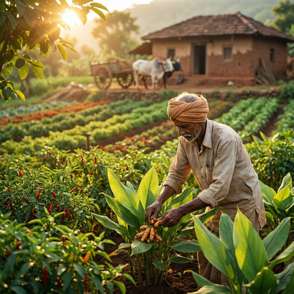 Farmer working in a lush green spice field at golden hour